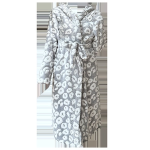 Thick warm flannel hooded bathrobe for women with grey animal print and waist belt