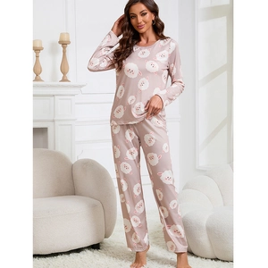 Women Sweet Cartoon Sheep Print Pajama Set Long Sleeve Round Neck Top And Pants Loungewear Spring Autumn Polyester Sleepwear