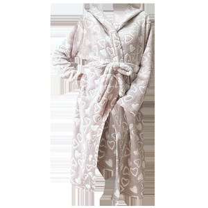 Thick pink flannel couple bathrobe with white heart prints and a matching belt