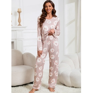 Pink cartoon sheep pajama set with long sleeves and pants in soft ice silk fabric