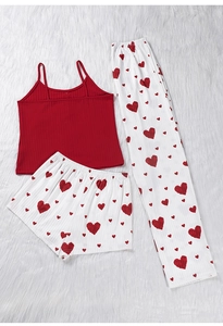 Pyjama 3 pièces pour femme en tricot avec imprimé cœur rouge et haut à bretelles