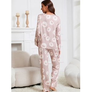 Pink cartoon sheep ice silk pajama set for women with long sleeves and pants loungewear