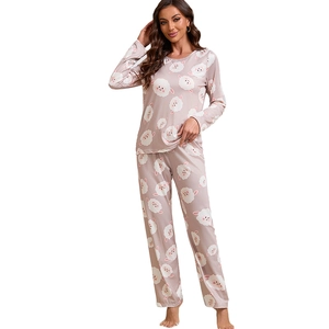 Sweet cartoon sheep print pajama set with long sleeves and pants in light purple