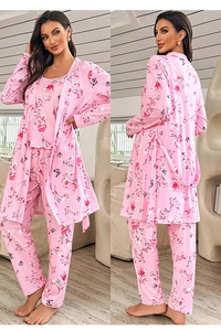 Detailed front and back view of pink floral pajama set with robe and long pants