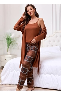 Three-piece women's pajama set featuring a camisole top, cardigan, and printed lounge pants