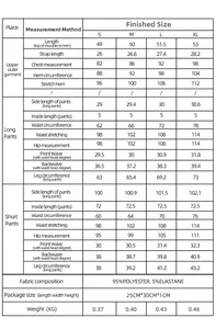 Tableau détaillé des tailles pour pyjama en coton tricoté pour femmes de S à XL