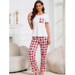 Completo da Casa Casual Donna Stampa a Scacchi Rossi Top a Girocollo e Pantaloni Lunghi con Motivo a Cuore Pigiama