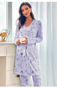 Detailed view of lavender floral lounge set with long robe and matching trousers