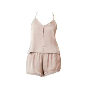 Ensemble pyjama 2 pièces pour femme en satin avec dentelle et caraco couleur champagne rose