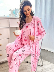 Three-piece pink pajama set with floral and butterfly print featuring robe and pants