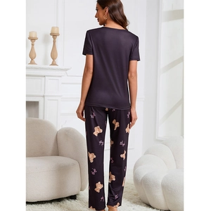 Women's cute long-sleeve pajamas set with purple top and teddy bear print pants