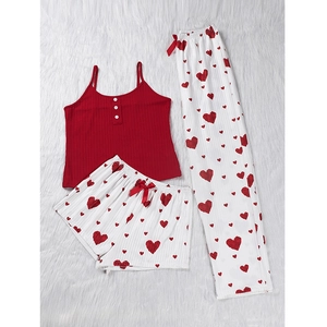 Ensemble de Pyjama 3 Pièces pour Femmes Caraco à Côtes et Shorts Pantalons Longs Imprimé Cœur Vêtements de Nuit Top And Bottom