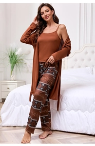 Detailed view of women's 3-piece loungewear set in burgundy with geometric print pants