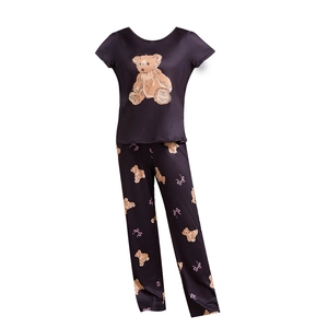 Women's cute brown teddy bear pajama set with short sleeve top and long printed pants