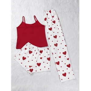 Ensemble pyjama 3 pièces en coton pour femme avec débardeur rouge et motif cœurs