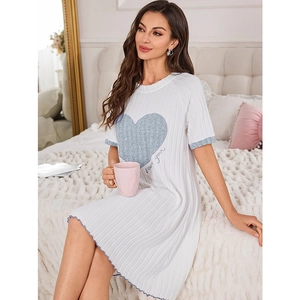 Women's white striped nightdress with blue heart patch and lettuce trim for summer
