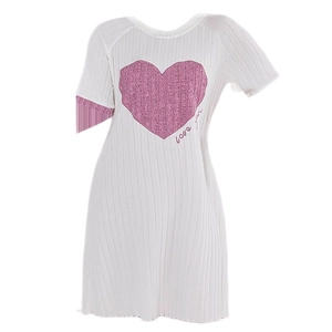 Short-sleeve white ribbed knit nightgown with pink heart love you embroidery