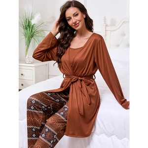 Women's 3-Piece Pajama Loungewear Set With Robe Camisole And Geometric Printed Pants Polyester Loungewear Top And Bottom