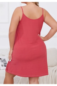 Back view of a coral red plus size sleepwear dress featuring slim spaghetti straps