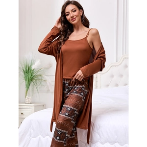 Women's 3-piece loungewear set with rust red camisole, cardigan, and geometric print pants