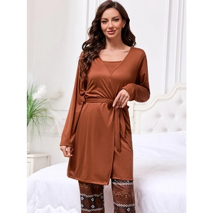 Three-piece women's pajama set with long sleeve robe and printed pants in caramel brown
