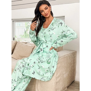 Three-piece women's mint green pajama set with floral butterfly print and belted robe