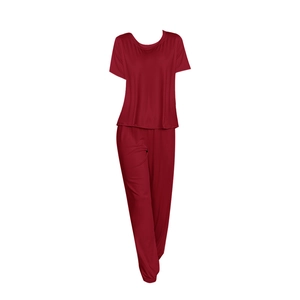 Women's dark red short sleeve pajama set with round neck and long pants in soft fabric
