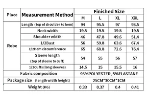 Detailed size chart for long sleeve heart print lounge robe showing dimensions and weight