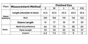Detailed size chart for striped knit pajama set with bust and waist measurements