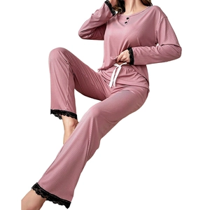 Women long sleeve pajamas set in dusty rose with lace trim and ribbed texture