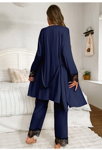 Rear view of navy blue ice silk robe and pants with black floral lace details
