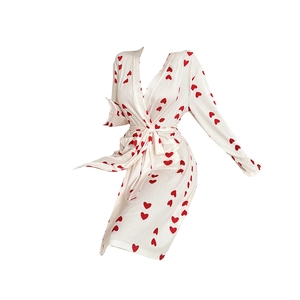 Women's white ribbed loungewear robe with red heart print and waist tie belt