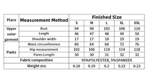 Size chart for heart-pattern loungewear set showing bust, waist, and fabric dimensions