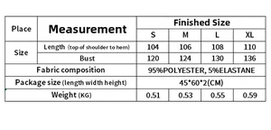 Detailed size chart for winter long robes showing S to XL measurements and fabric composition