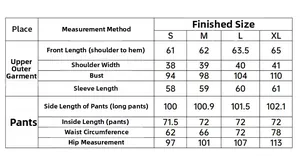 Size chart for women heart print pajama set showing top and pants measurements in S to XL