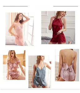 Collage of silky satin loungewear sets featuring delicate lace trim and vibrant summer colors