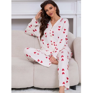 Women Heart Print Pajama Set Long Sleeve V-Neck Button Down Ribbed Loungewear Two Piece Sleepwear For Women