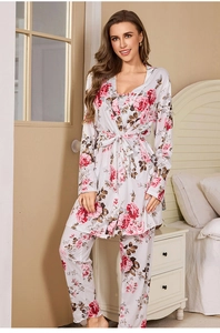 Detailed shot of women floral print 3-piece loungewear set with rose pattern and soft fabric