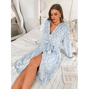 Women's light blue long fleece bathrobe with cute white bear and star prints