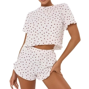 Women heart print pajama set with crop top and lettuce edge shorts in white