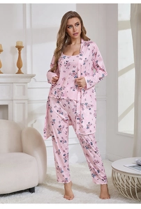 Detailed view of women's 3-piece floral sleepwear set with robe, camisole and long pants