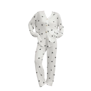 Women's two-piece pajama set featuring heart print long sleeves and V-neck button top