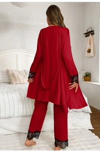 Detailed view of red ice silk pajamas robe and pants with black lace trim for women