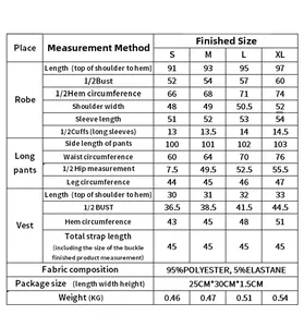 Detailed size chart for pink ice silk 3-piece pajama set including robe, vest and pants