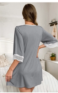 Detailed back view of grey modal sleepwear dress with white lace cuffs and V-neckline