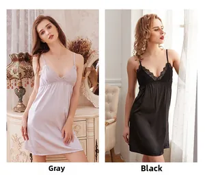 Detailed comparison of grey and black lace trim V-neck silk nightdresses in a home setting