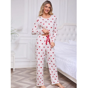 Women Long Sleeve Pajamas Heart Printed Polyester Round Neck Home Wear Top And Bottom Comfortable Elastic Loungewear Sleepwear