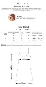 Guide des tailles pour nuisette en satin indiquant les mesures M, L et XL précis