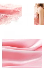 Detail of pink satin sleepwear showing delicate lace trim and smooth silky fabric texture