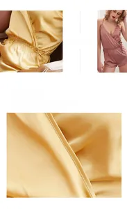 Detail of satin romper waist drawstring and ruffle hem in gold and dusty rose silk fabric